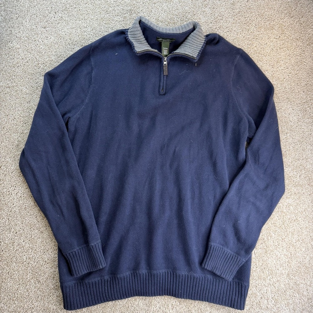 Eddie Bauer Sweater Mens XLT Blue Tight Knit 1/4 Zip Mock Neck Pullover Cotton